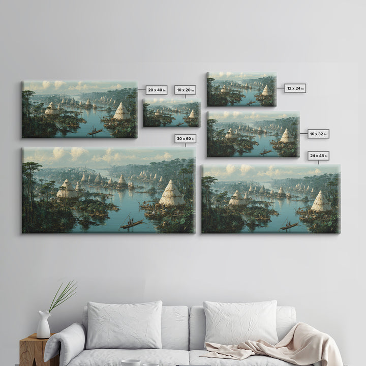 Misty African Wetland Village Wall Art, Thatched Hut Canoe Landscape Print, Authentic Cultural Safari Home Decor Canvas Gift