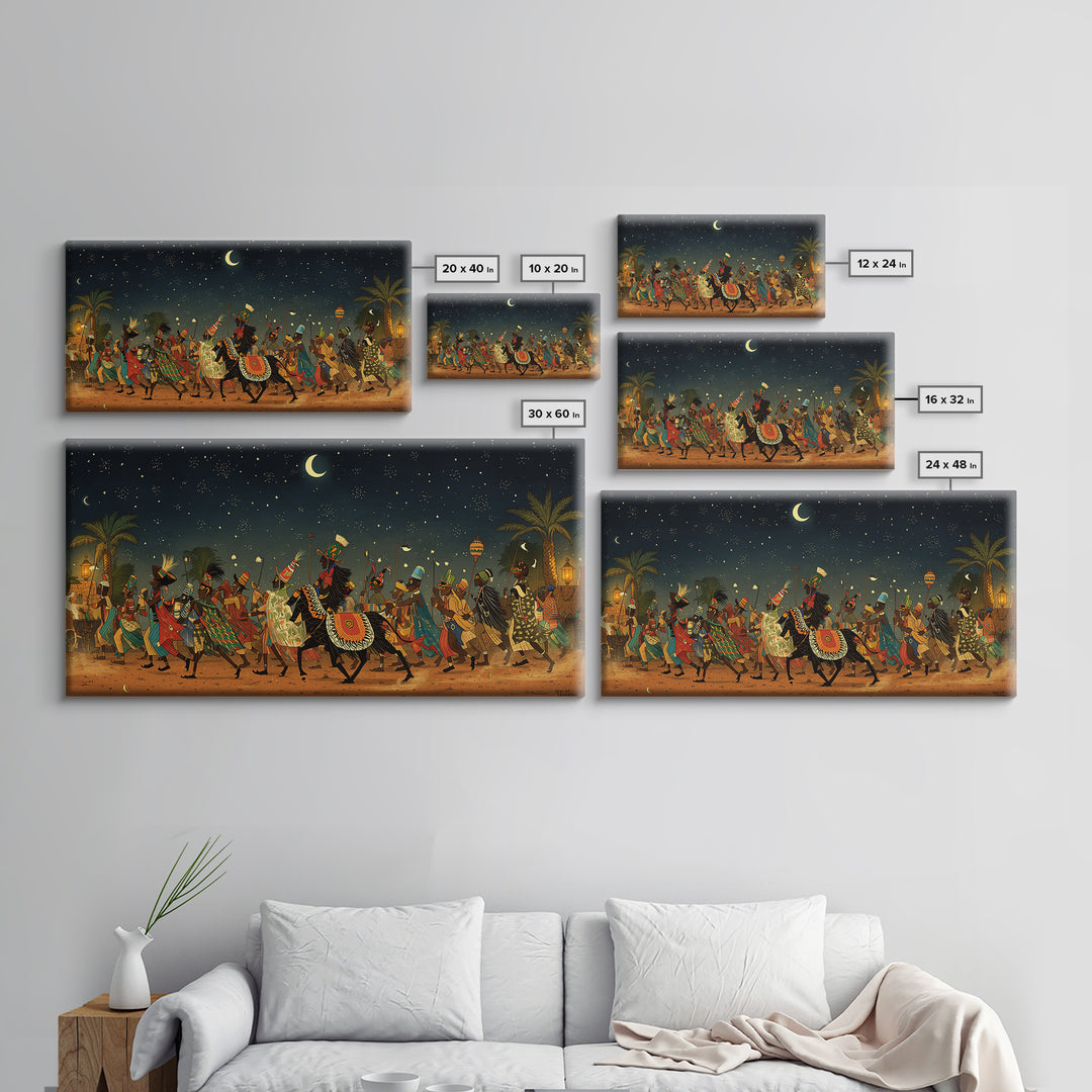 Moonlit African Camel Procession Wall Art, Desert Festival Painting, African Safari Art, Cultural Decor For Living Room Gift
