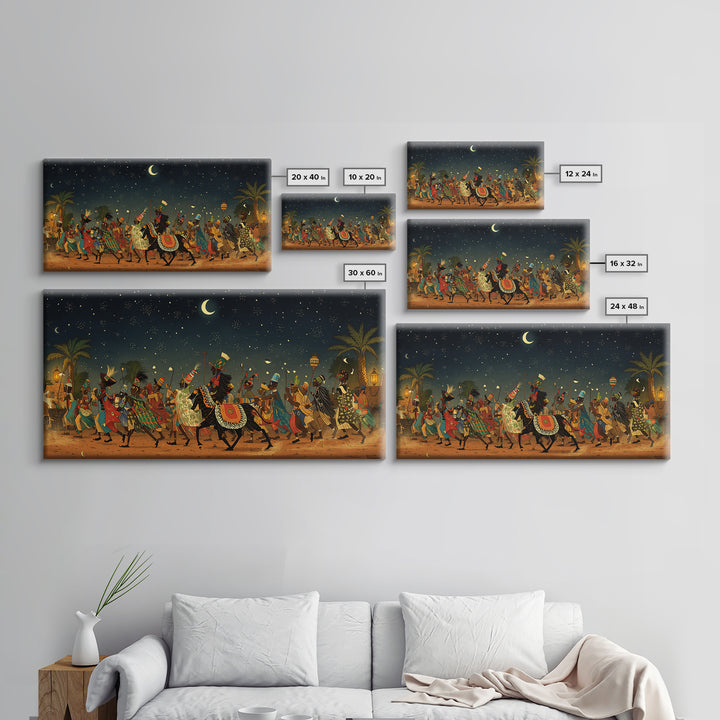 Moonlit African Camel Procession Wall Art, Desert Festival Painting, African Safari Art, Cultural Decor For Living Room Gift