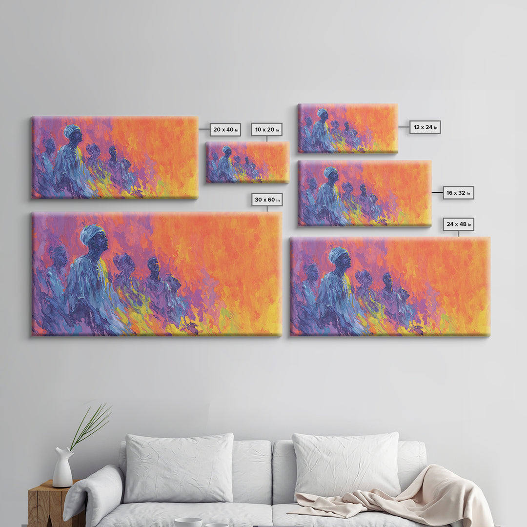 Blue Ancestral Figures By Fire Wall Art, Abstract African Art, Spiritual Cultural Painting, Orange And Purple Decor Gift