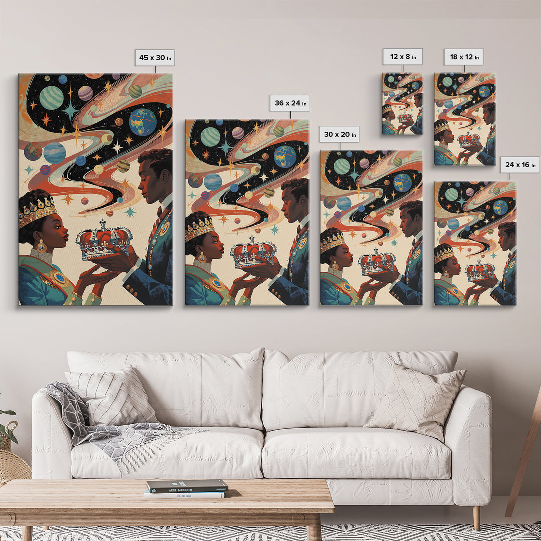 Afrofuturist Royal Couple Wall Art, Cosmic African Queen And King Canvas Print, Black Love Decor, Planets Crown Home Gift