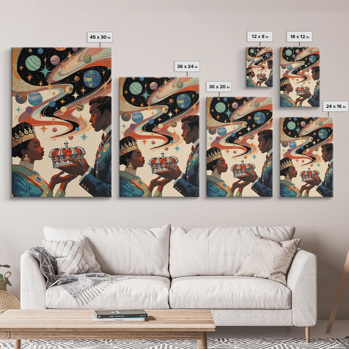 Afrofuturist Royal Couple Wall Art, Cosmic African Queen And King Canvas Print, Black Love Decor, Planets Crown Home Gift