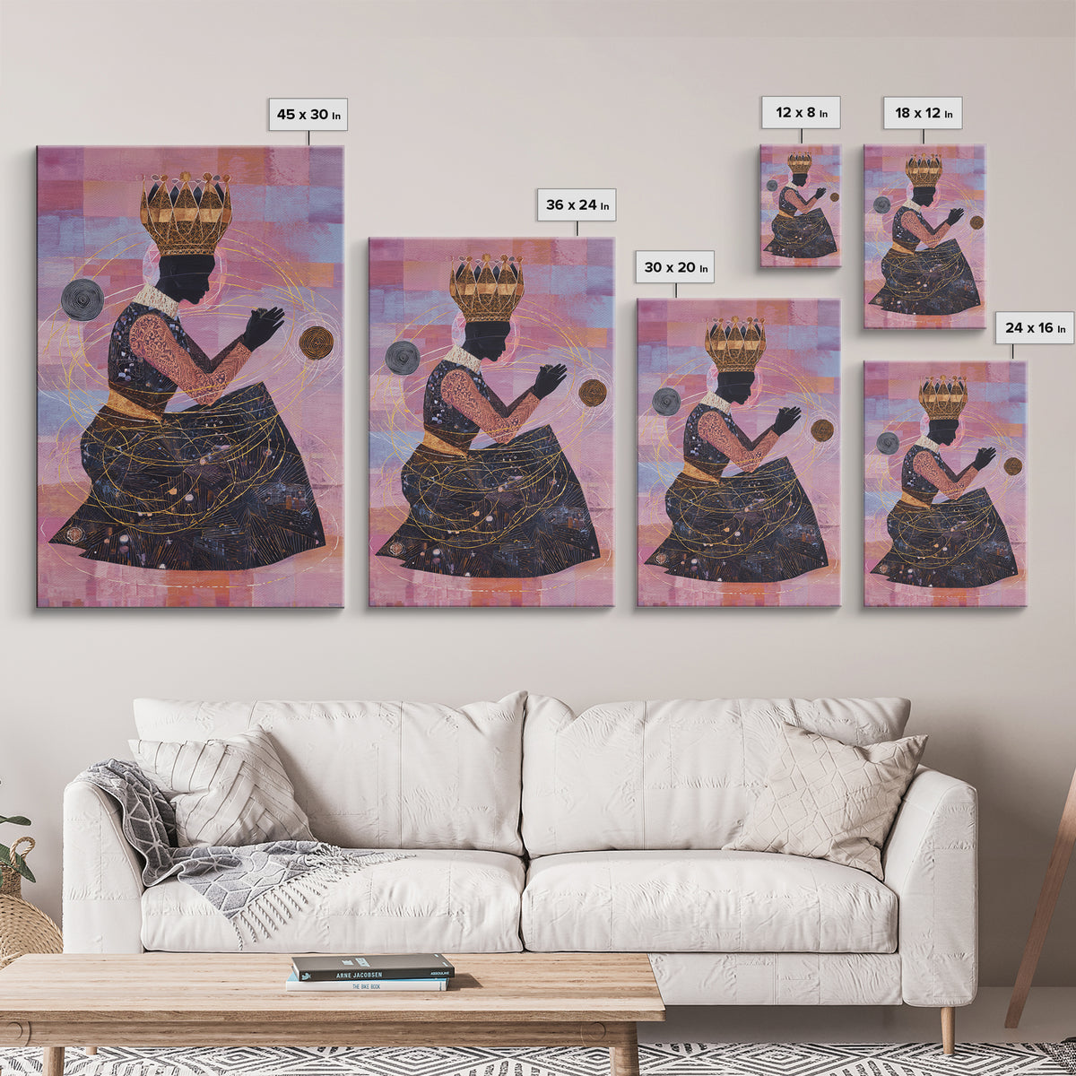 Seated African Queen Silhouette Canvas Print, Pink Cosmic Wall Art, Black Woman Art Home Decor, Feminine Afrocentric Gift