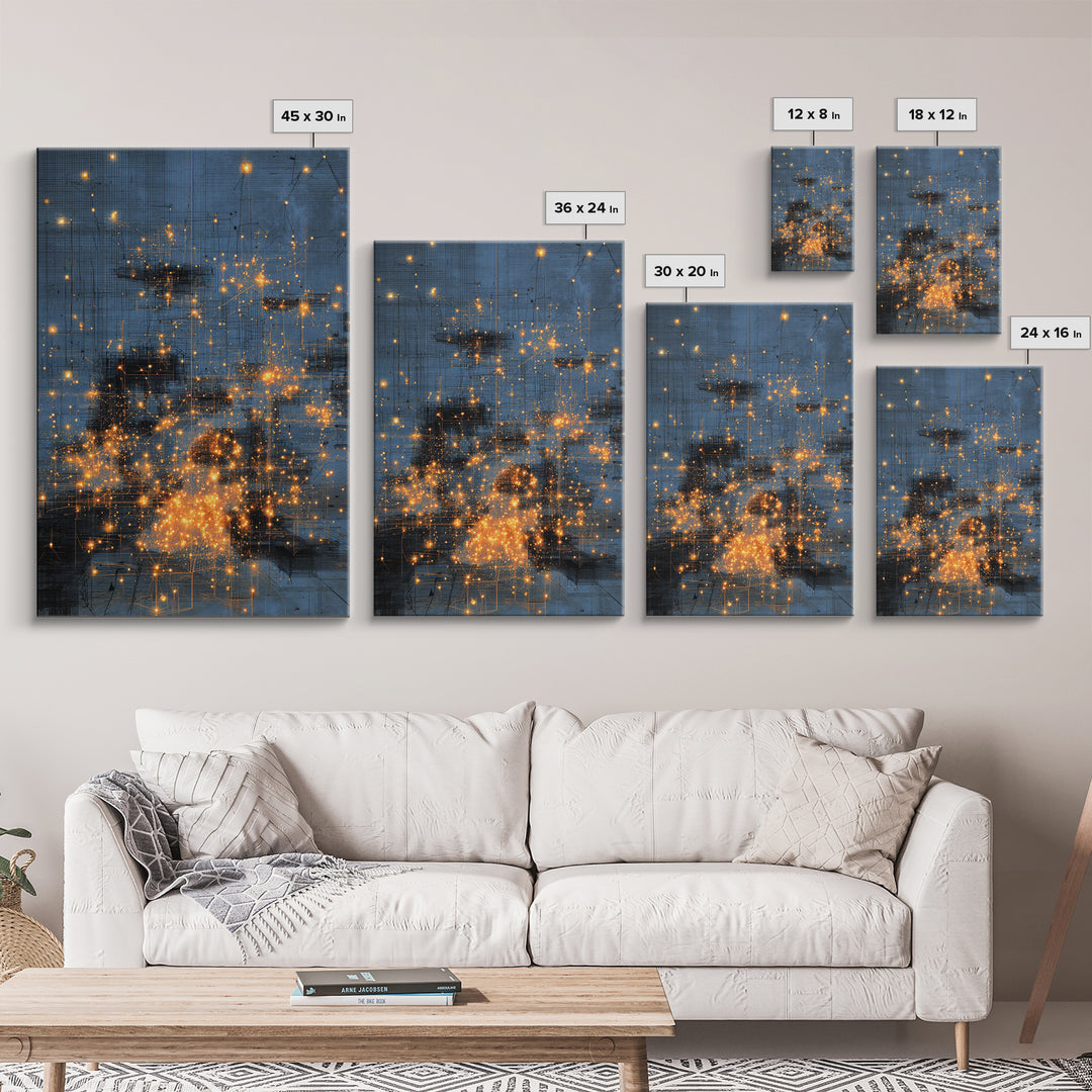 Blue Abstract City Lights Wall Art, Gold Spark Modern Canvas Print, Urban Office Decor, Dreamy Digital Art Luxury Home Gift