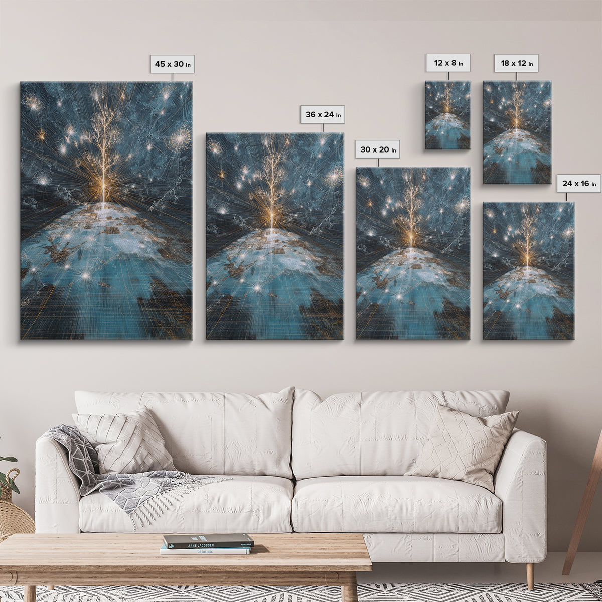 Glowing White Tree Canvas Print, Blue Celestial Wall Art, Spiritual Nature Scene Art, Modern Office Decor, Unique Home Gift