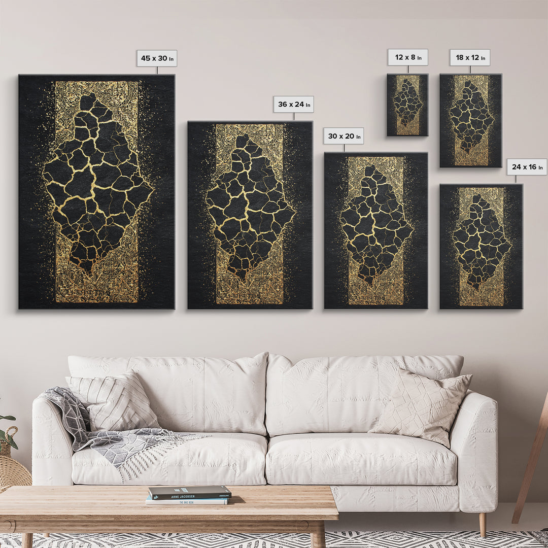 Cracked Gold African Map On Black Canvas Print, Abstract African Art, Black And Gold Art, Cultural Wall Decor Gift For Home