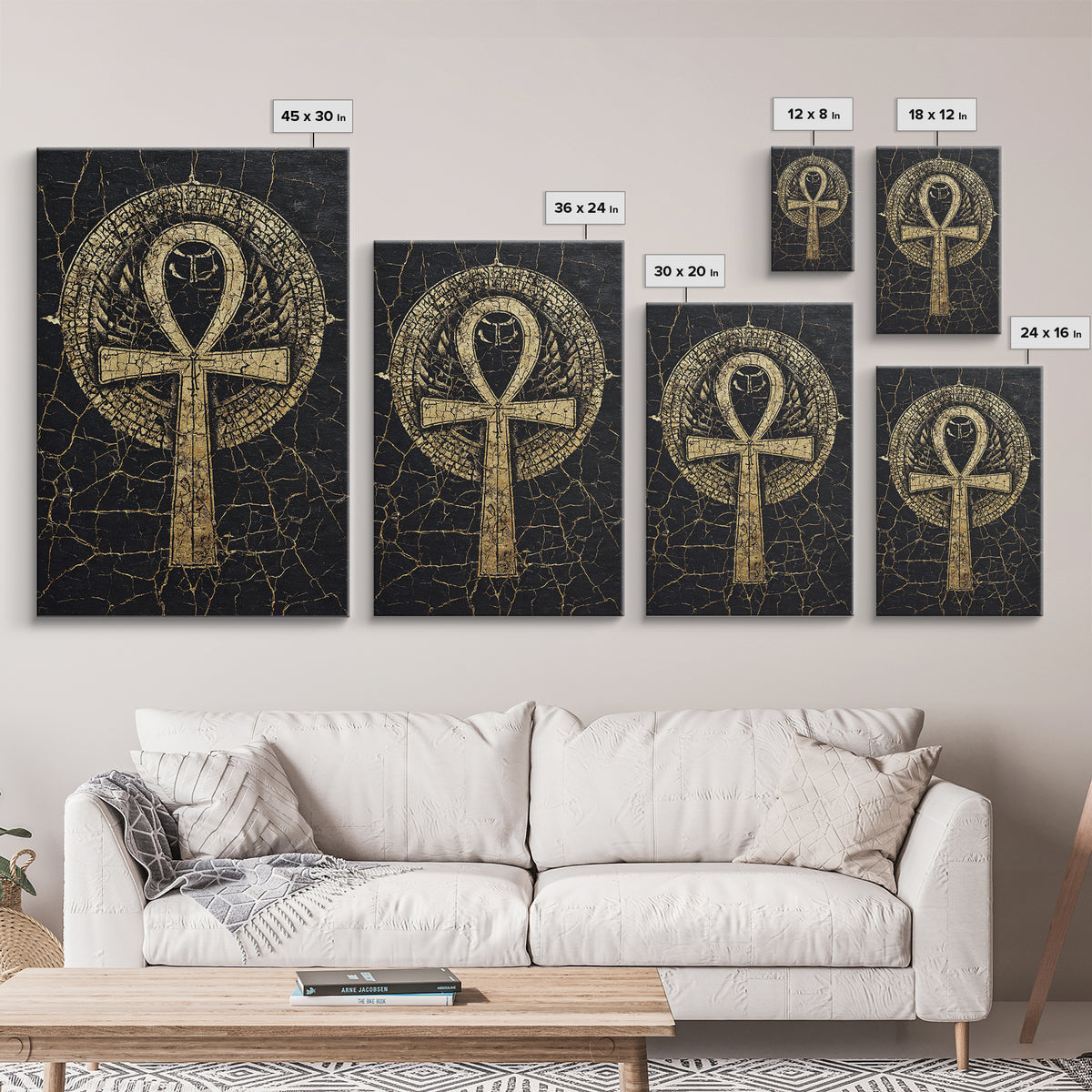 Gold Ankh Symbol On Cracked Black Framed Canvas Print, African Egyptian Art, Spiritual Wall Art, Black And Gold Design Gift