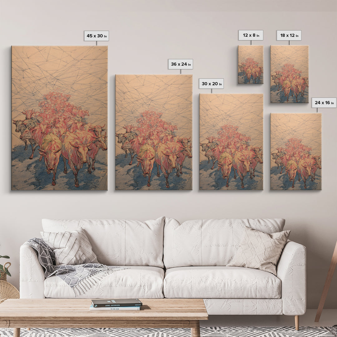 Red Line Cattle Herd Migration Canvas Print, African Animal Art, Rustic Farmhouse Decor, Cultural Wall Art Gift For Living Room