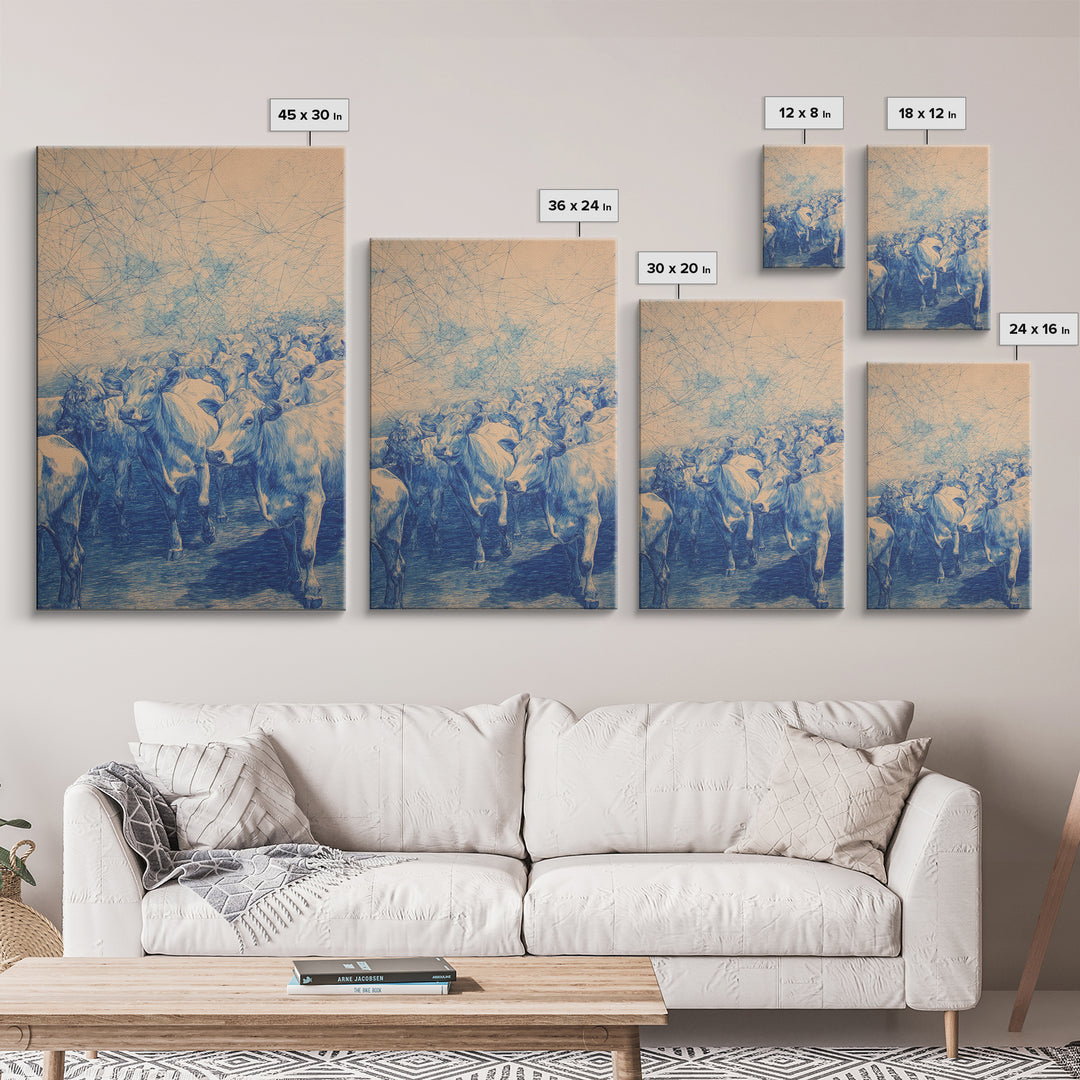 Blue Cattle Herd Network Sketch Wall Art, African Animal Art, Safari Art, Rustic Home Decor, Unique Canvas Gift For Office Decor