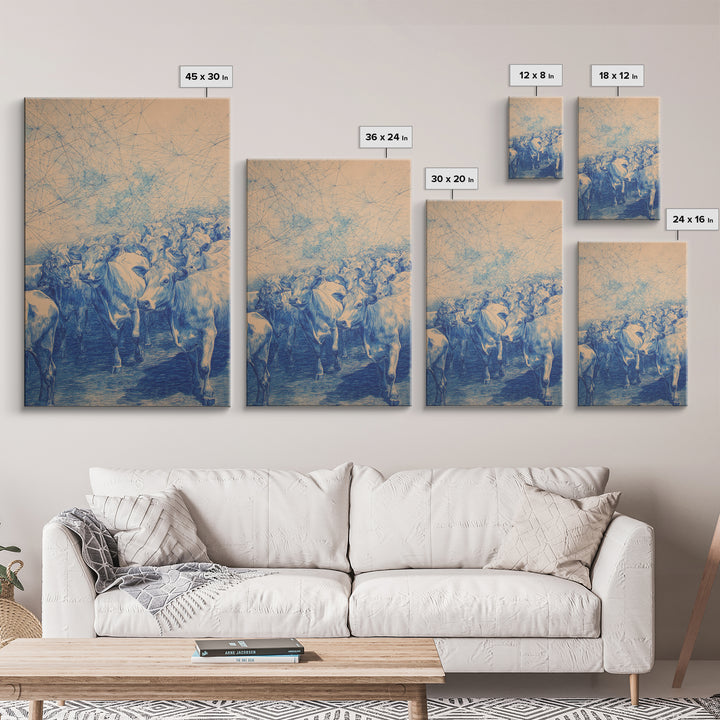 Blue Cattle Herd Network Sketch Wall Art, African Animal Art, Safari Art, Rustic Home Decor, Unique Canvas Gift For Office Decor