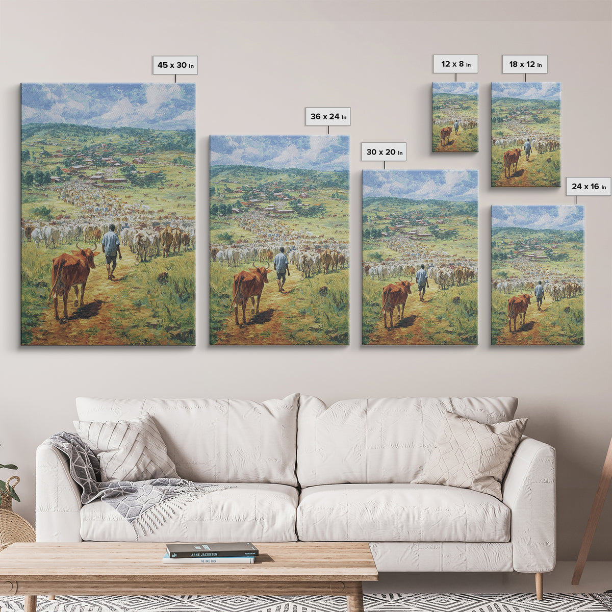 Pastoral Cattle Drive To Village Landscape Wall Art, African Landscape, Safari Decor, Farmhouse Home Decor Gift For Living Room