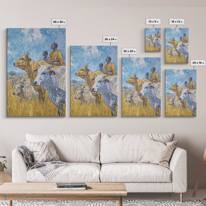 Pastoral African Cattle Herders In Golden Grass Wall Art, Afrocentric Safari Decor, African Landscape Print, Cultural Home Decor