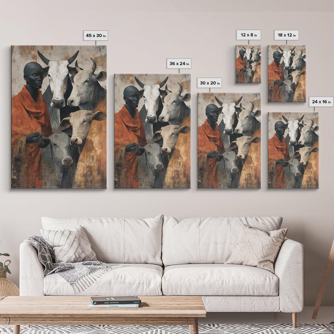 Maasai Herder With White Cattle Framed Canvas Print, African Portrait Wall Decor, Rustic Safari Art, Afrocentric Home Decor