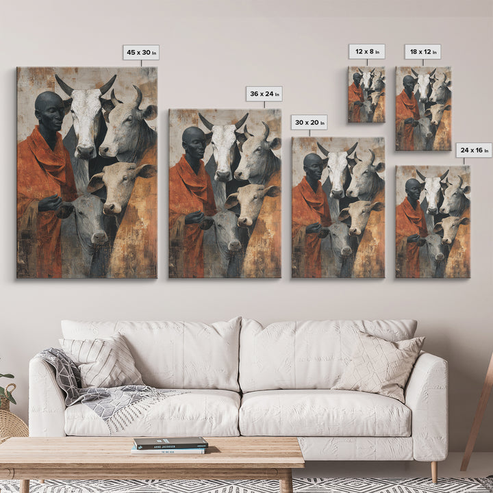 Maasai Herder With White Cattle Framed Canvas Print, African Portrait Wall Decor, Rustic Safari Art, Afrocentric Home Decor