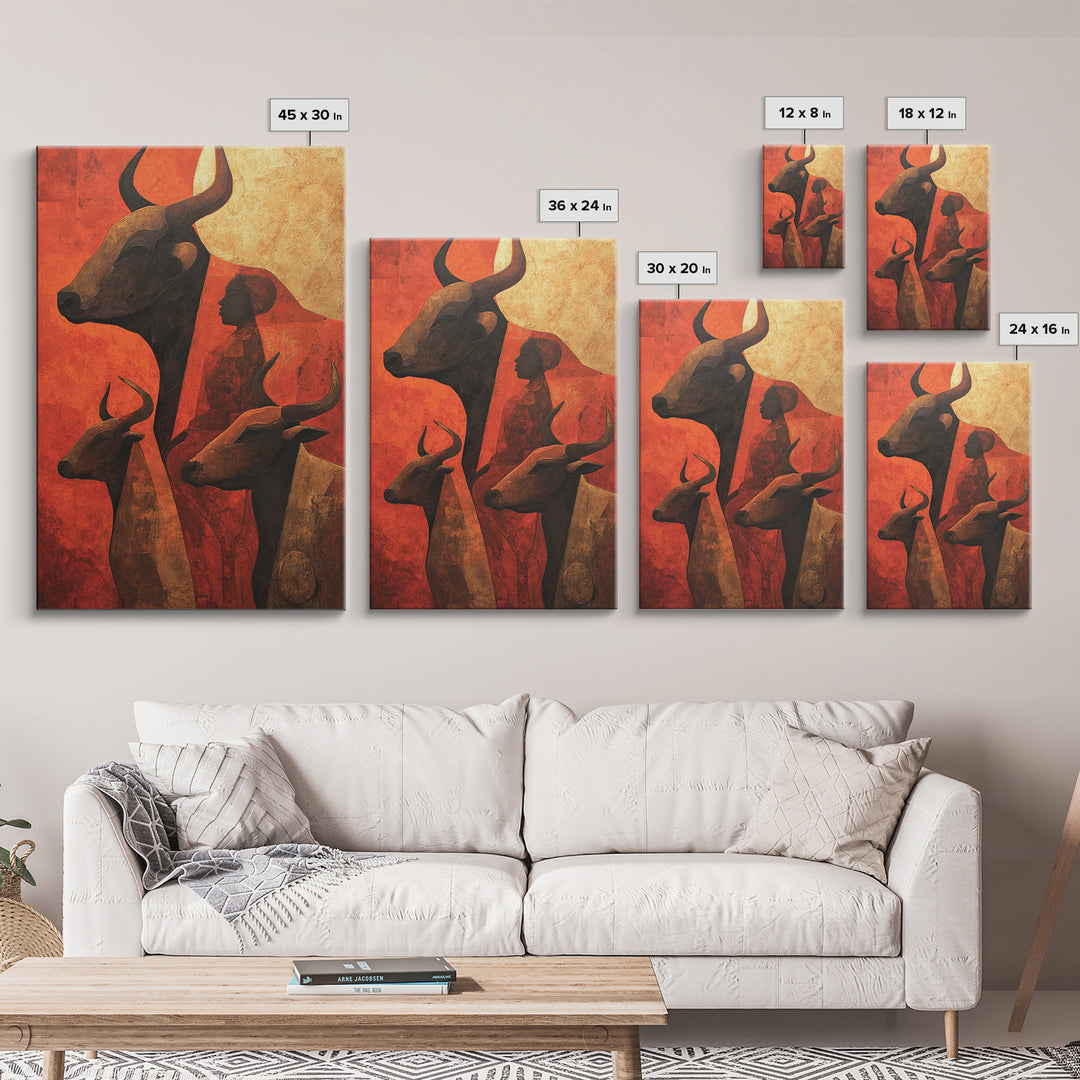 Ochre African Woman With Longhorn Cattle Canvas Print, Tribal Wall Decor, Modern African Art, Burnt Orange Safari Home Decor