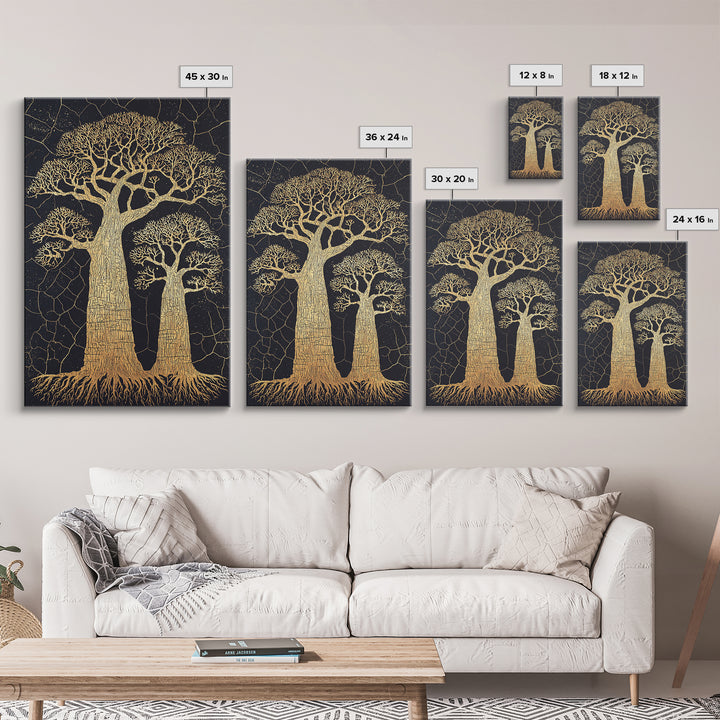 Golden Baobab Trees On Black Cracked Ground Wall Art, African Landscape Print, Botanical Safari Decor, Earth Tone Home Decor