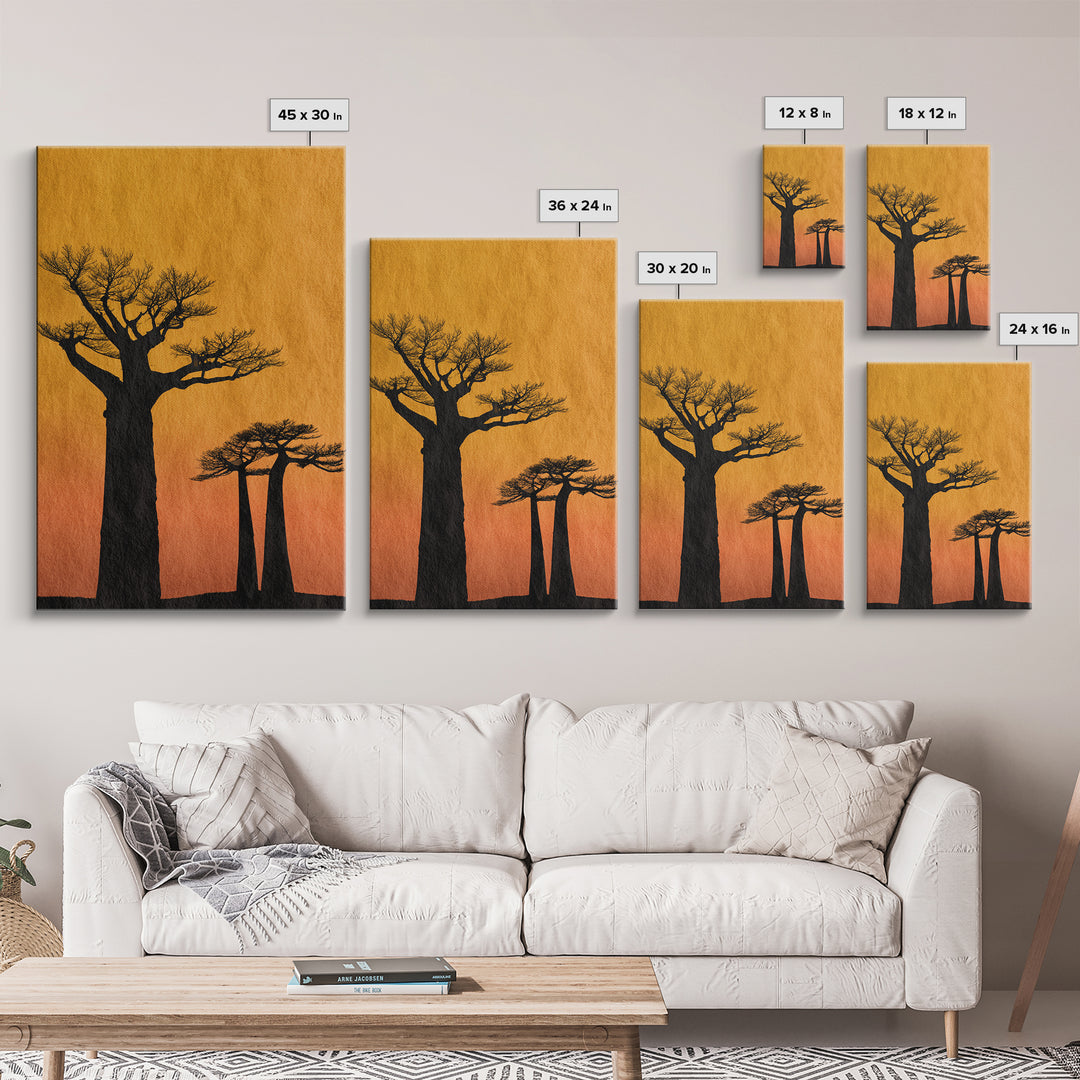 Black Baobab Silhouettes At Orange Sunset Canvas Print, African Tree Wall Decor, Minimalist Safari Art, Warm Boho Home Decor