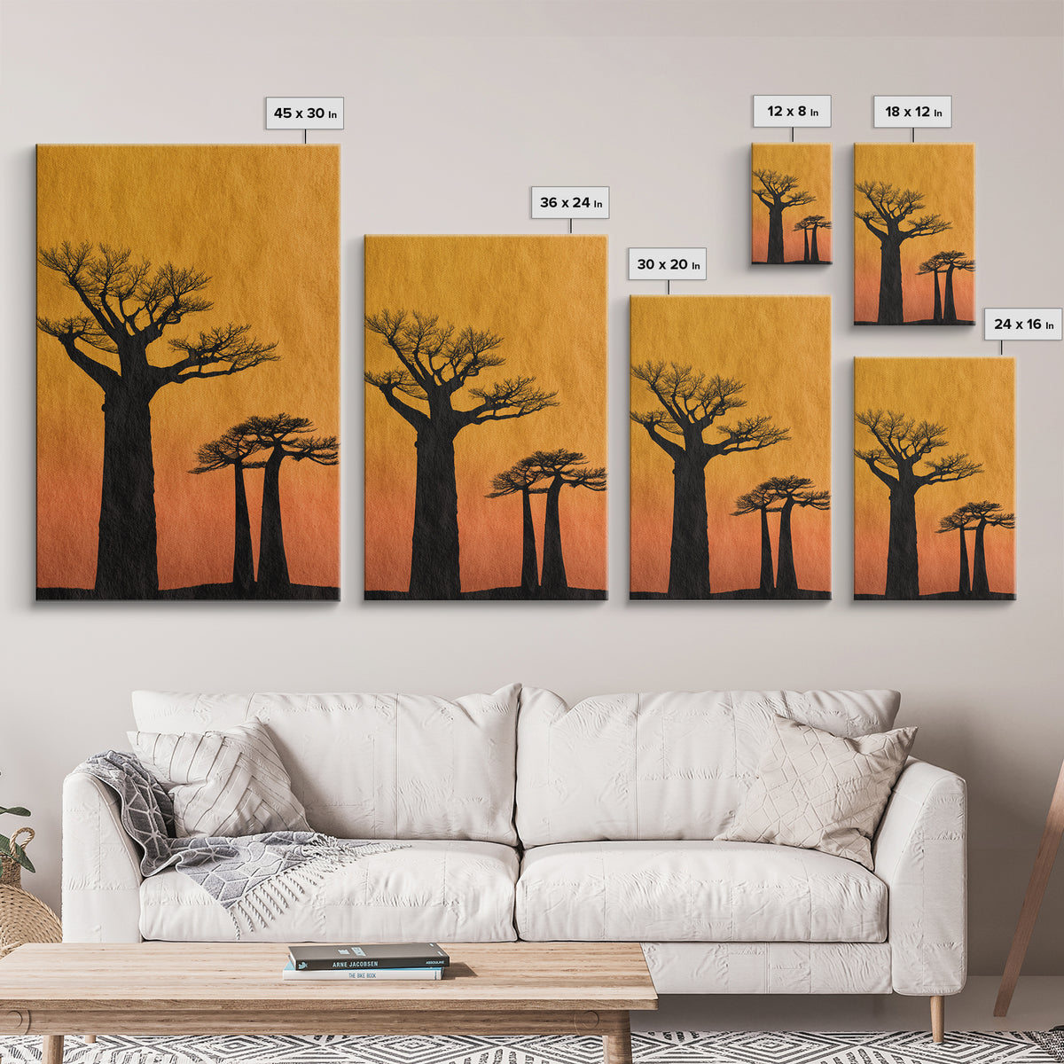 Black Baobab Silhouettes At Orange Sunset Canvas Print, African Tree Wall Decor, Minimalist Safari Art, Warm Boho Home Decor