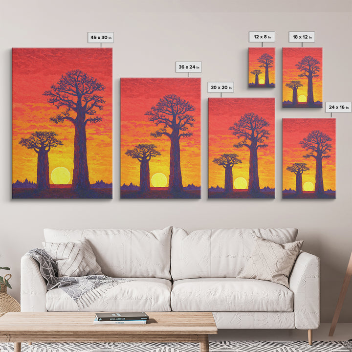 Vivid Baobab Sunset With Glowing Sun Wall Art, African Landscape Print, Colorful Safari Decor, Large Living Room Canvas Print
