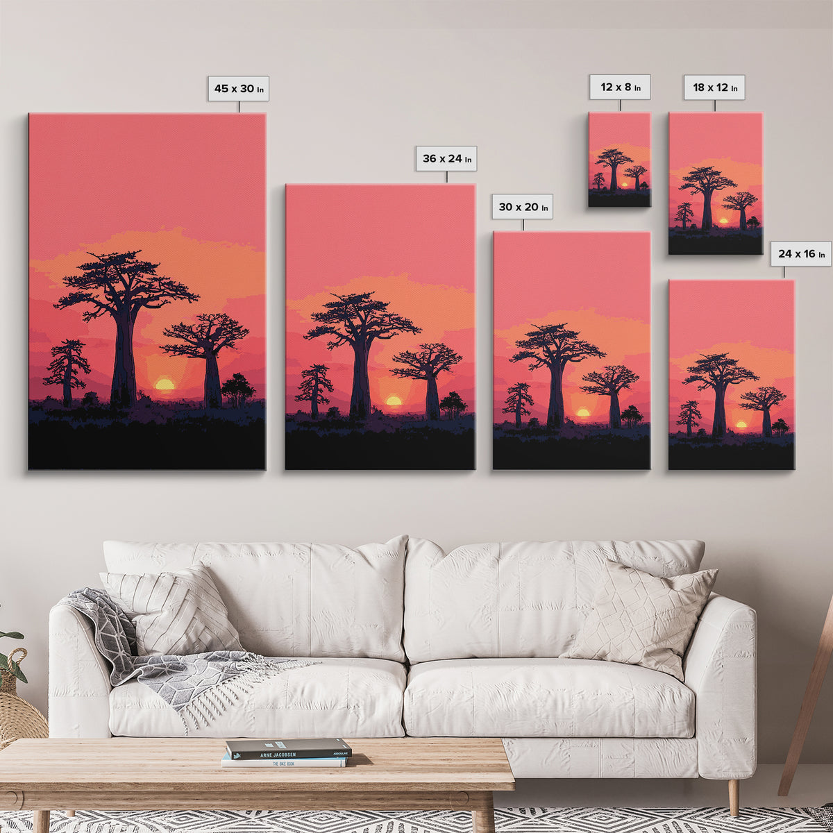 Pink Sunset Baobab Grove Silhouette Canvas Print, Madagascar Wall Art Decor, African Landscape Poster, Modern Safari Home Decor