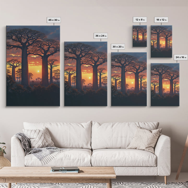 Dramatic Baobab Forest At Dusk Framed Canvas Print, African Safari Wall Decor, Serengeti Landscape Art, Nature Scene Decor