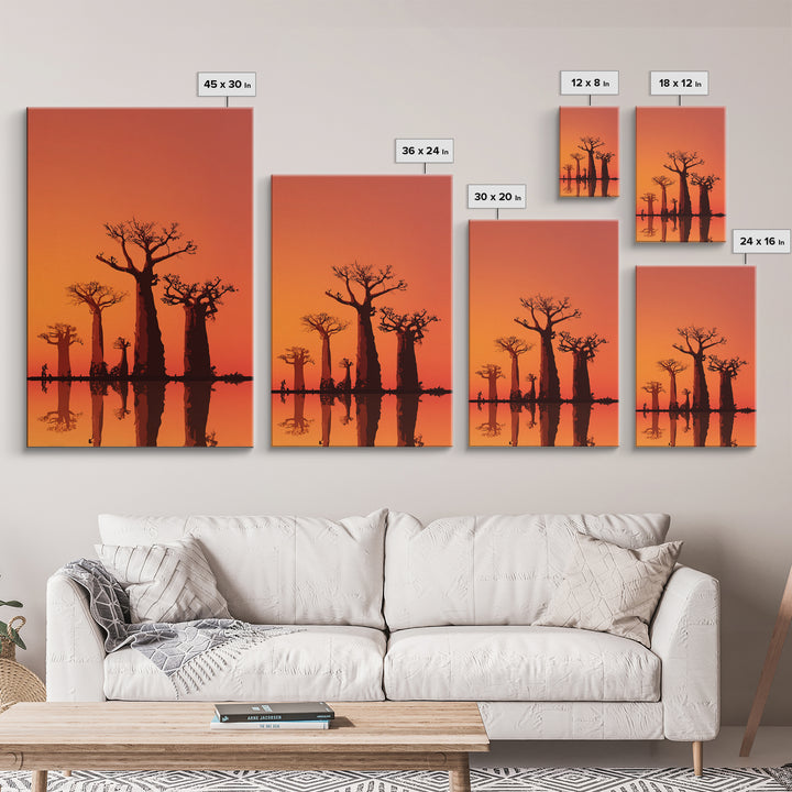 Orange Baobab Reflections At Sunset Wall Art, African Landscape Print, Minimalist Safari Decor, Warm Statement Home Decor