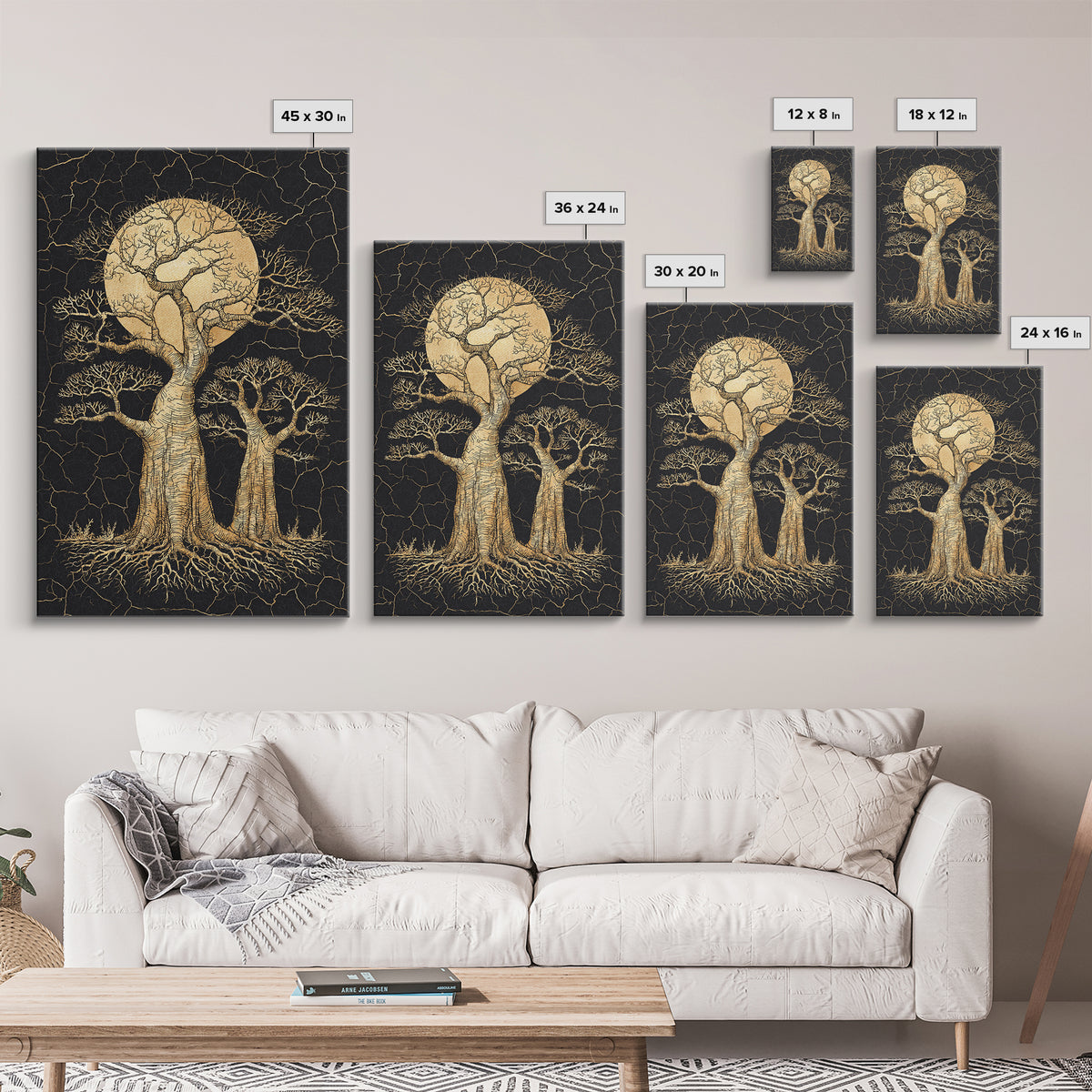 Golden Baobab Moon Tree Wall Art, African Landscape, Black And Gold Decor, Motherland Nature Canvas, Boho Safari Gift, Statement Piece