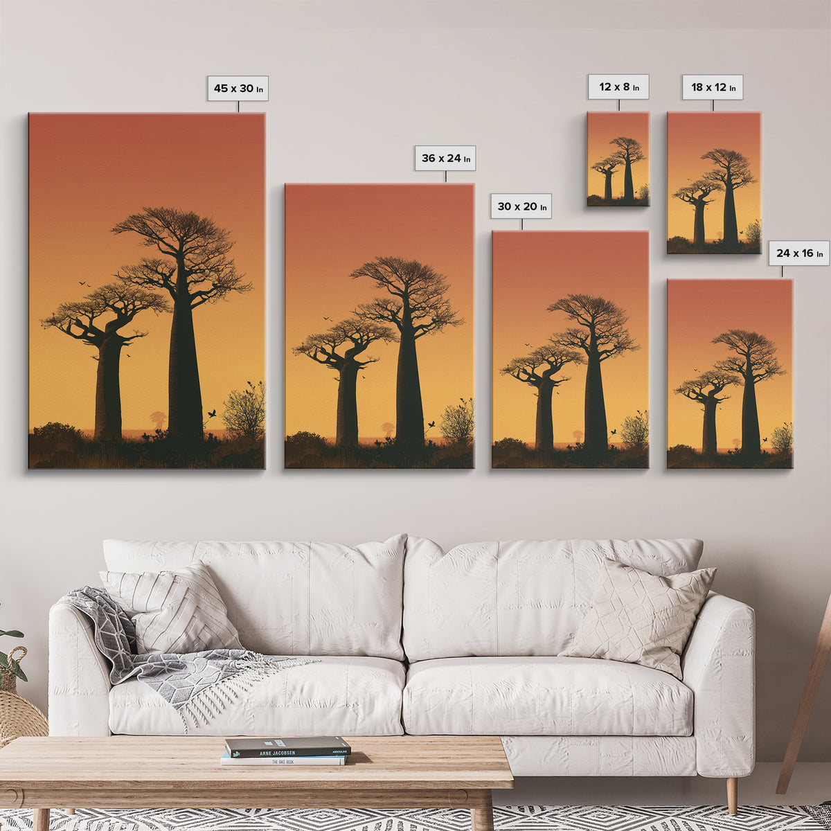Two Tall Baobab Trees Wall Art, African Sunset Landscape, Madagascar Travel Poster, Orange Safari Decor, Nature Canvas Gift