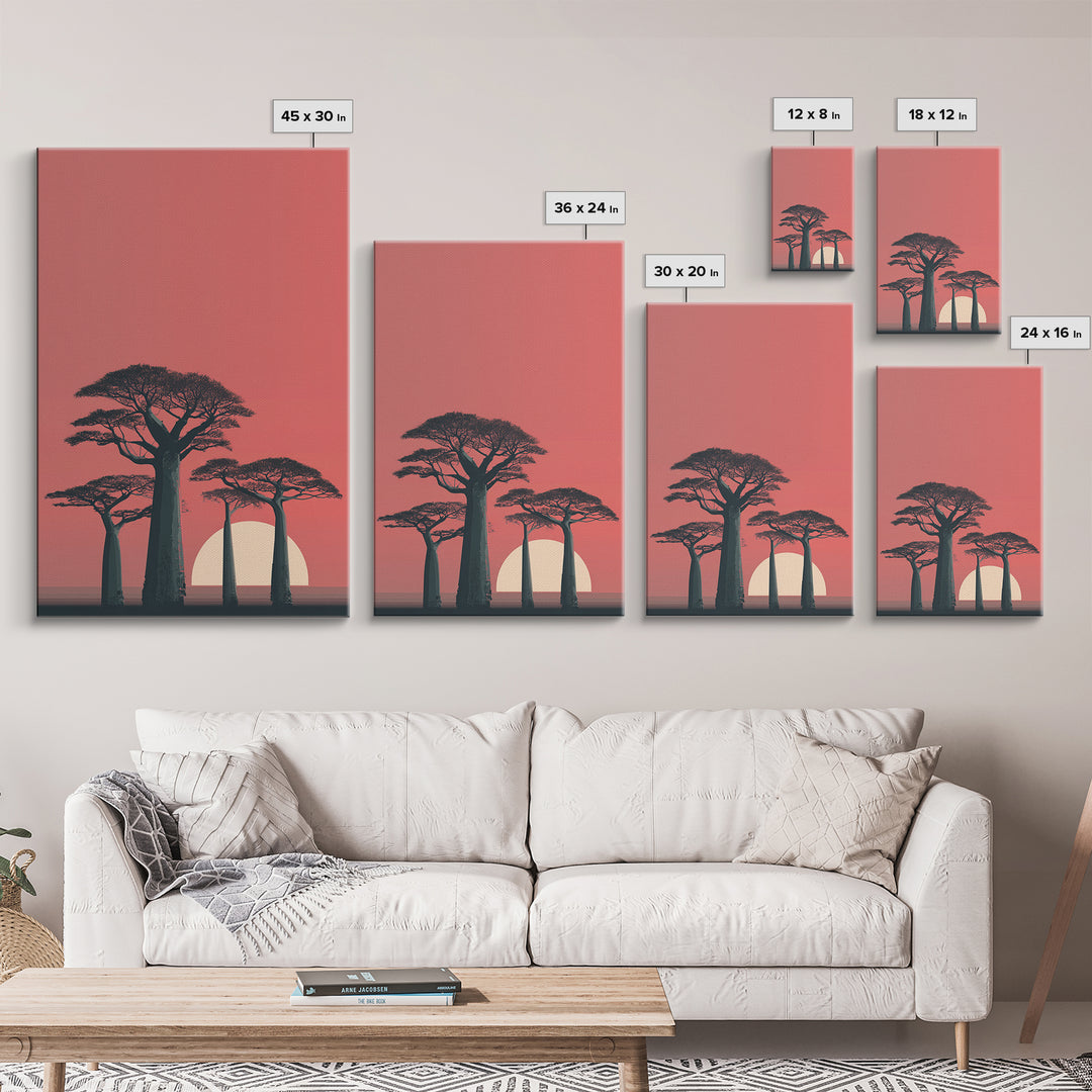 Minimalist Pink Baobab Sunset Canvas Print, African Landscape Wall Decor, Modern Safari Poster, Boho Bedroom Art Gift For Her