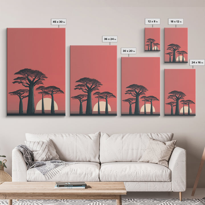 Minimalist Pink Baobab Sunset Canvas Print, African Landscape Wall Decor, Modern Safari Poster, Boho Bedroom Art Gift For Her