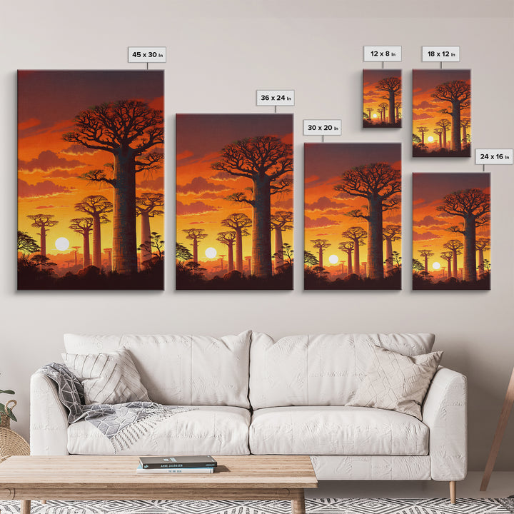 Fiery Baobab Forest Sunset Wall Art, African Safari Landscape, Orange Nature Decor, Madagascar Canvas Print, Gift For Him