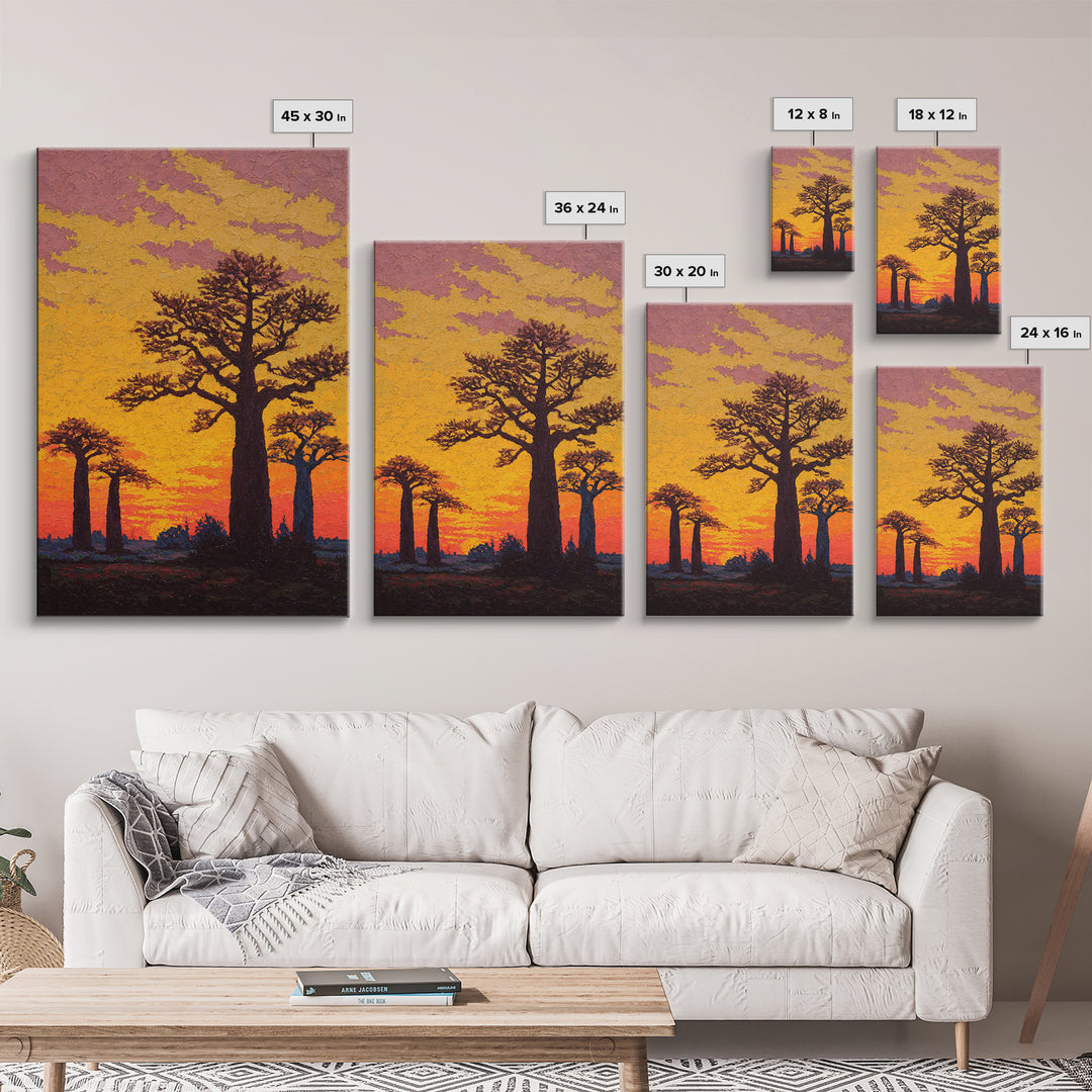 Textured Baobab Sunset Wall Art, African Landscape Painting, Orange Impasto Canvas Print, Safari Decor, Unique Home Gift