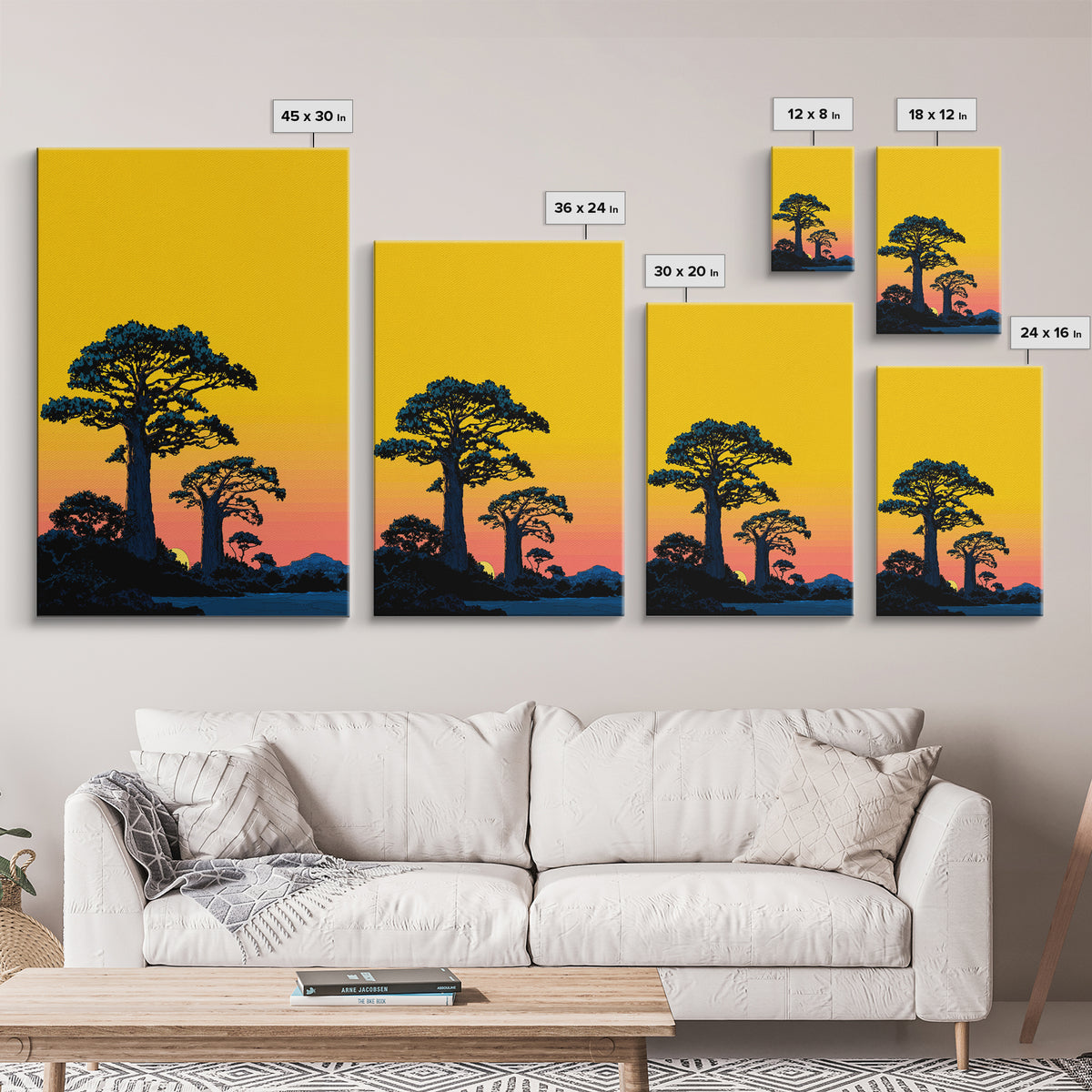 Yellow Sky Baobab Silhouette Canvas Print, African Landscape Wall Decor, Madagascar Sunset Poster, Bold Safari Art Gift Idea
