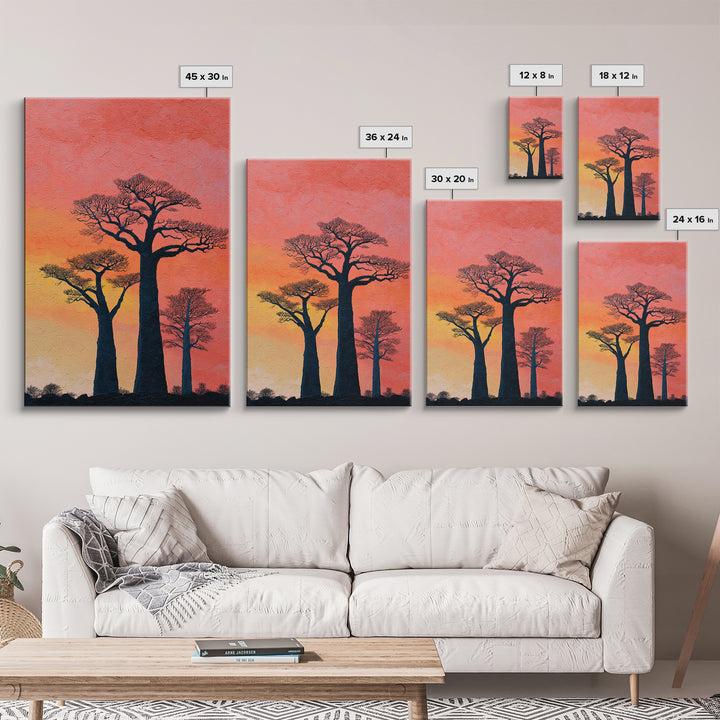 Coral Sunset Baobab Trees Wall Art, African Landscape Print, Textured Canvas Decor, Madagascar Safari Gift, Boho Room Art