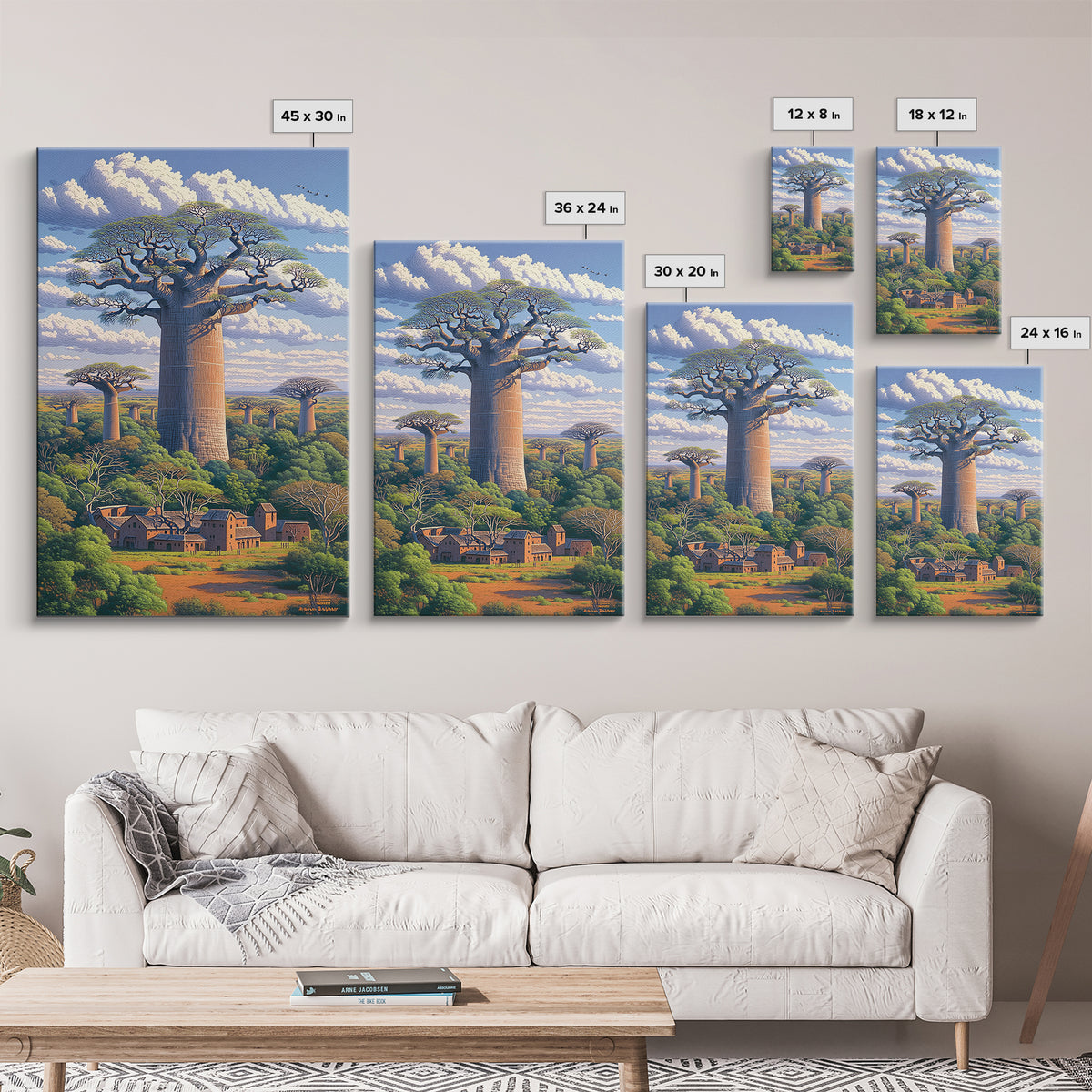 Village Beneath Giant Baobab Wall Art, African Landscape, Madagascar Print, African Home Decor, Large Living Room Art Gift