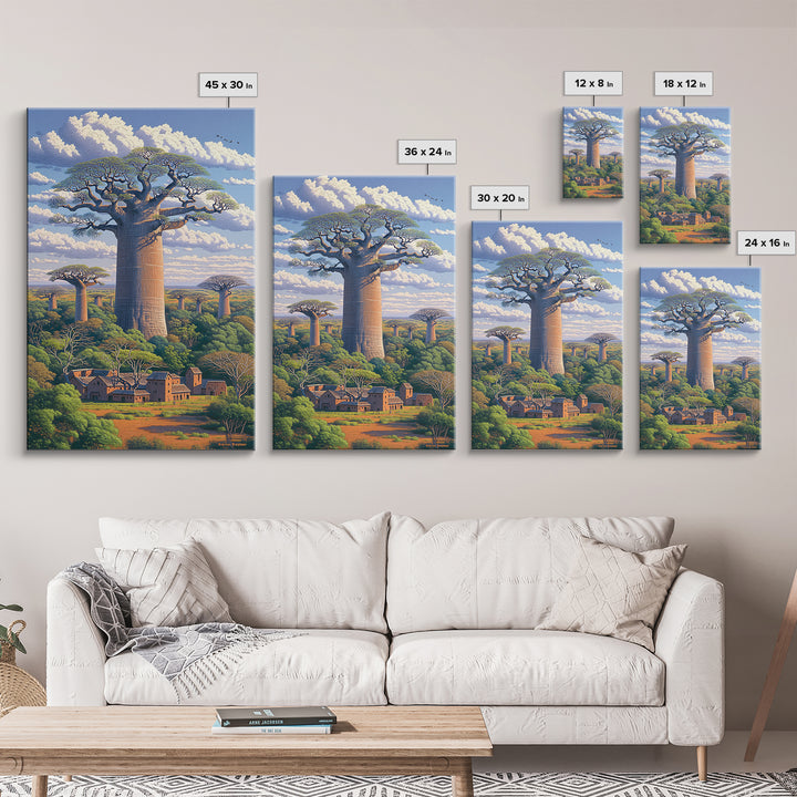 Village Beneath Giant Baobab Wall Art, African Landscape, Madagascar Print, African Home Decor, Large Living Room Art Gift