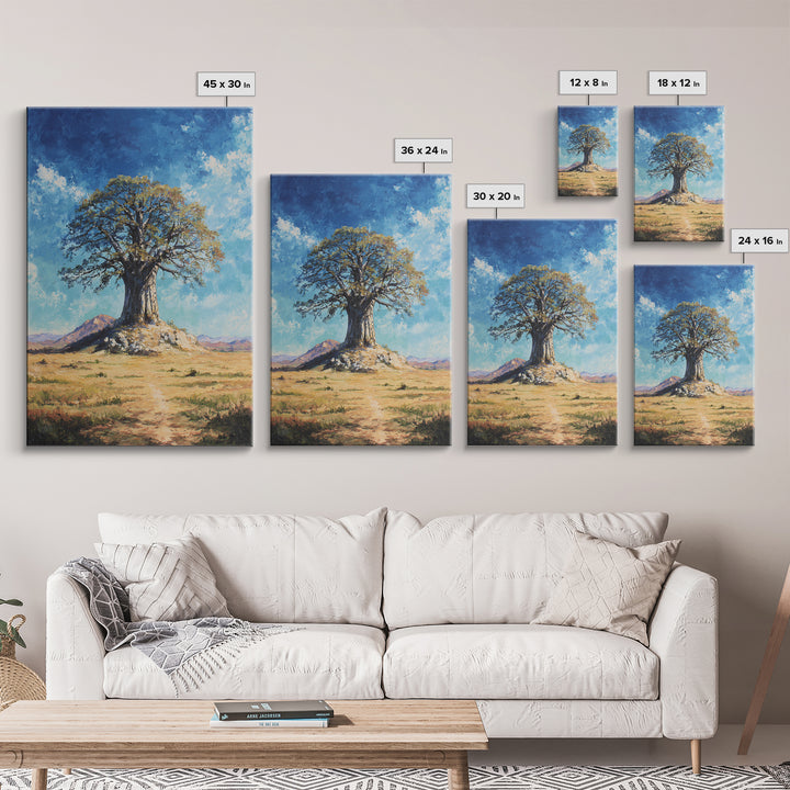 Lone Baobab Desert Path Framed Canvas Print, African Landscape, Blue Sky Painting, Nature Wall Decor, Unique Housewarming Gift