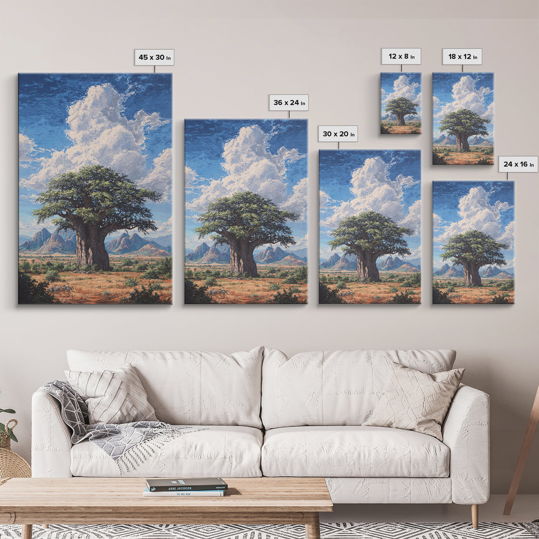 Ancient Baobab Under Towering Clouds Wall Art, African Safari Art, Desert Landscape Painting, Nature Scene Home Decor Gift