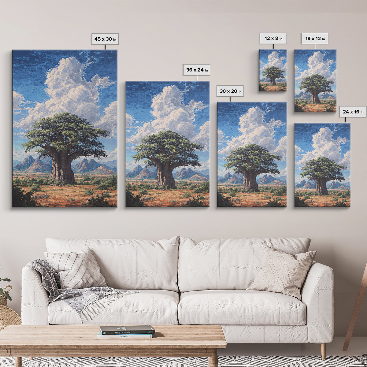 Ancient Baobab Under Towering Clouds Wall Art, African Safari Art, Desert Landscape Painting, Nature Scene Home Decor Gift
