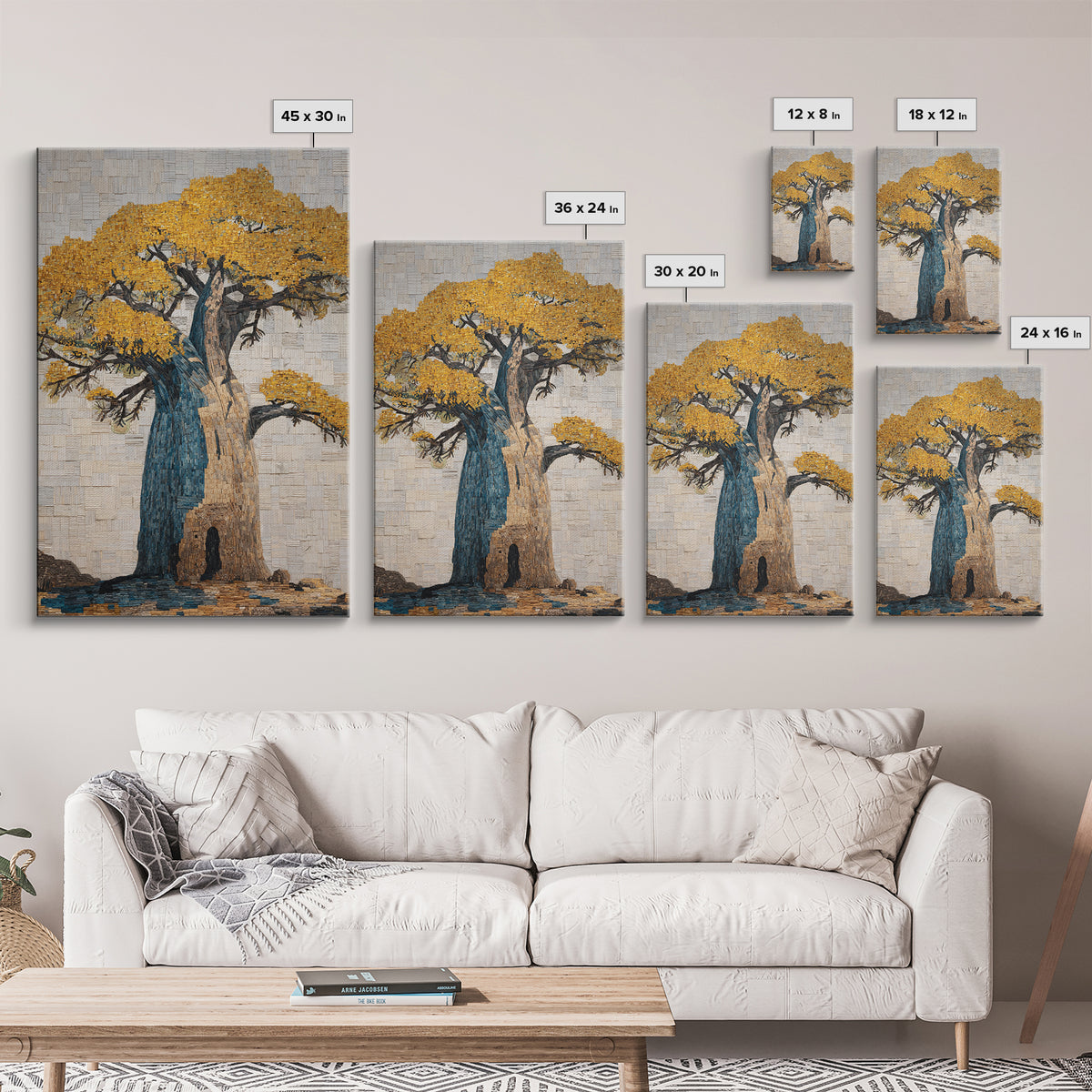 Blue And Gold Baobab Mosaic Framed Canvas Print, African Art Decor, Bold Artwork, Cultural Wall Decor, Statement Piece For Living Room