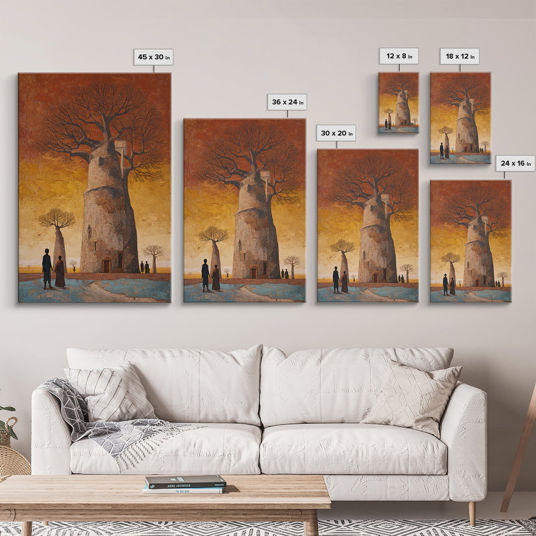 Surreal Baobab Tower At Sunset Canvas Print, African Abstract Art, Burnt Orange Art, Mystical Wall Art, Home Decor Gift For Her