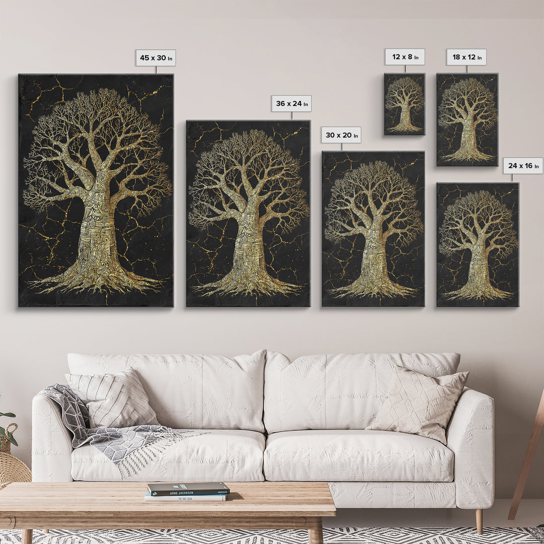 Golden Baobab Tree On Black Stone Wall Art, African Tree Print, Earth Tone Decor, Spiritual Nature Canvas For Living Room