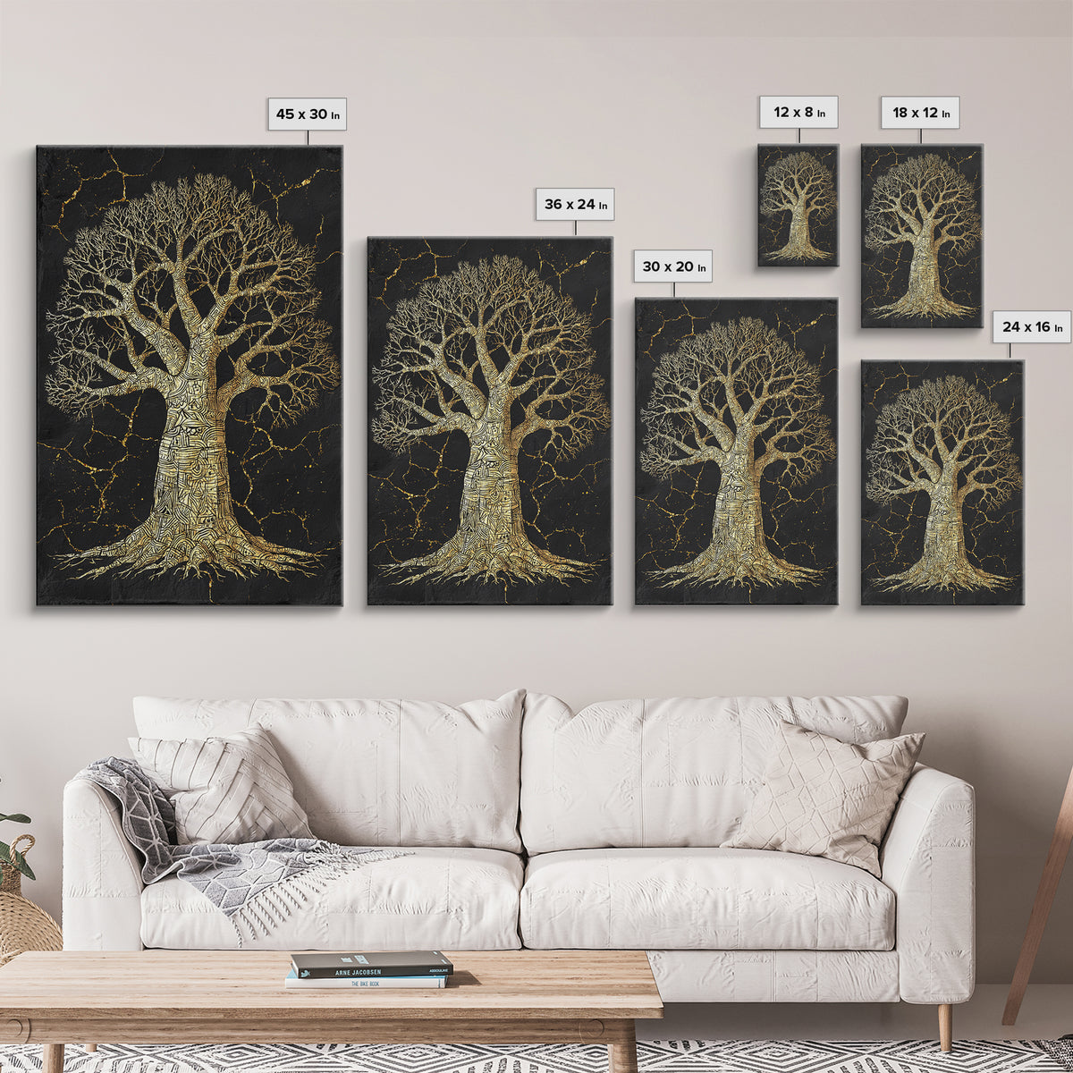 Golden Baobab Tree On Black Stone Wall Art, African Tree Print, Earth Tone Decor, Spiritual Nature Canvas For Living Room