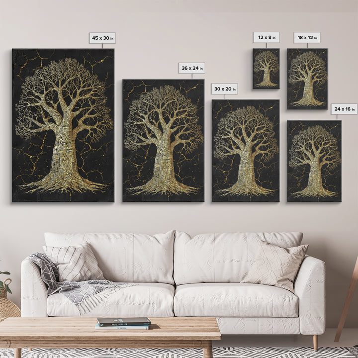 Golden Baobab Tree On Black Stone Wall Art, African Tree Print, Earth Tone Decor, Spiritual Nature Canvas For Living Room