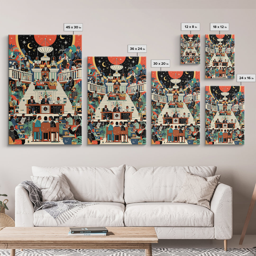 Afrofuturist Civic Assembly Wall Art, Black Culture Illustration, Modern African Decor, Colorful Statement Canvas Print Gift