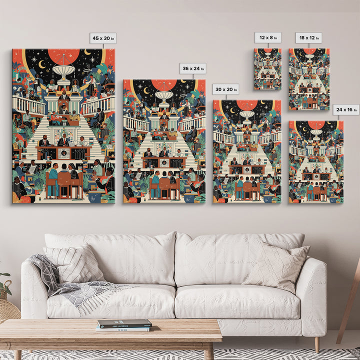 Afrofuturist Civic Assembly Wall Art, Black Culture Illustration, Modern African Decor, Colorful Statement Canvas Print Gift