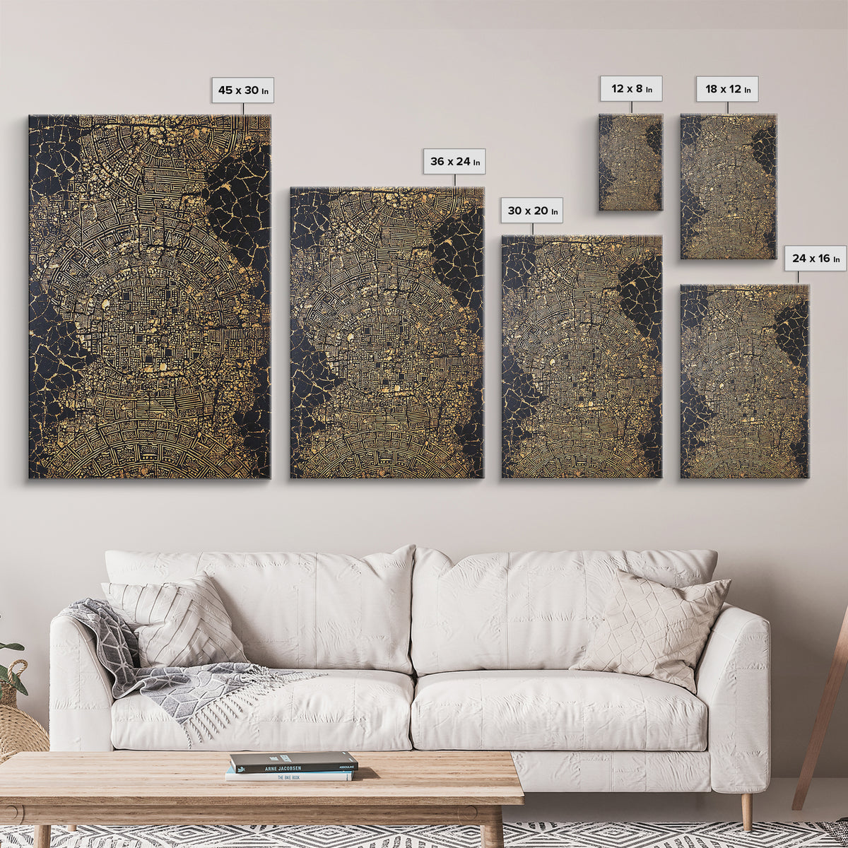 Gold Abstract African City Map Canvas Print, Geometric Tribal Pattern, Black And Gold Wall Art, Modern Office Decor Gift