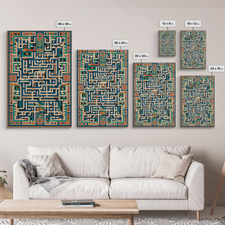 Teal Orange Geometric Maze Glyph Wall Art, African Abstract Pattern, Tribal Art Print, Afrocentric Decor For Living Room
