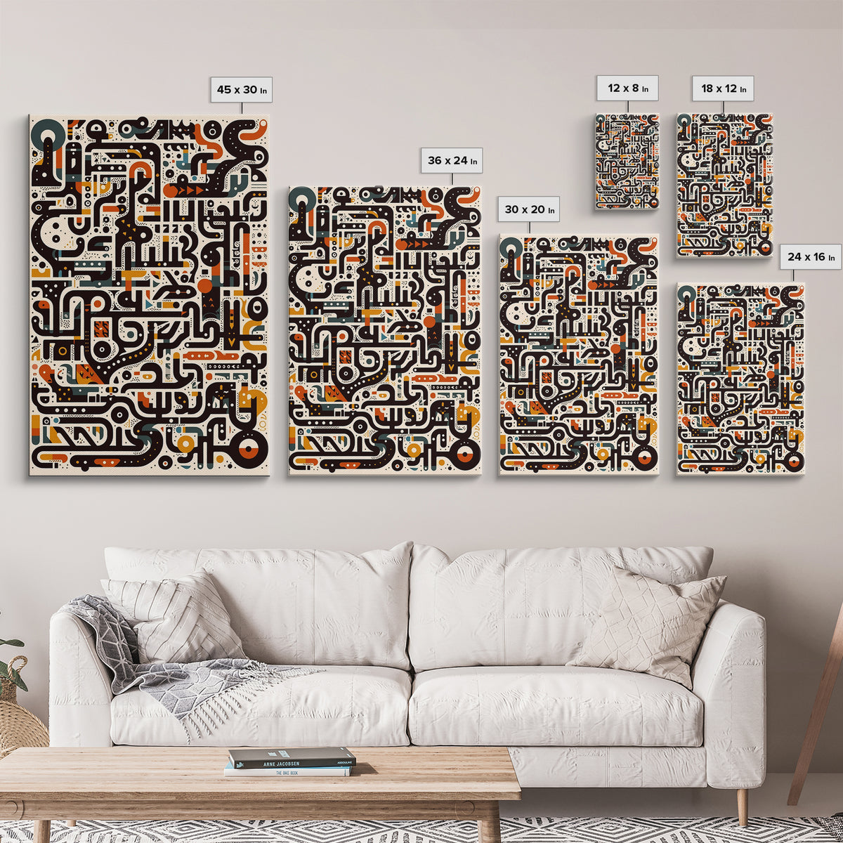 Ivory Black Orange Labyrinth Glyph Wall Art, Modern African Art Abstract, Boho Tribal Decor, Geometric Canvas Print For Home Decor
