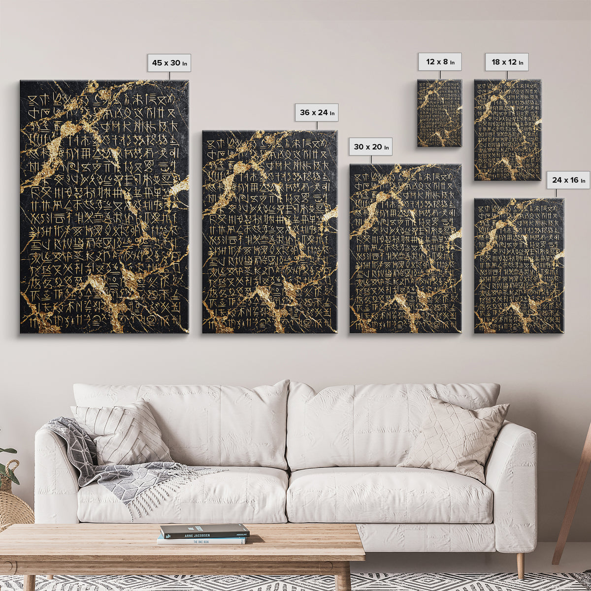Black Marble Gold Script Wall Art, Ancient African Inspired Symbols, Luxury Abstract Canvas Print, Spiritual Home Decor Gift